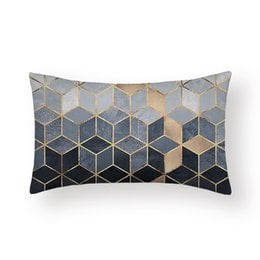 Square cushion cover with geometric pattern in shades of gray, beige, and black.