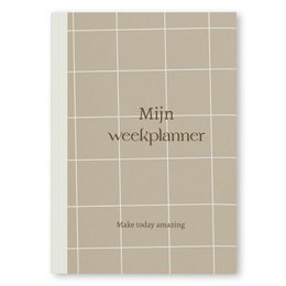 Neutral beige weekly planner with grid pattern, dateless layout, minimalist design, organizational tool