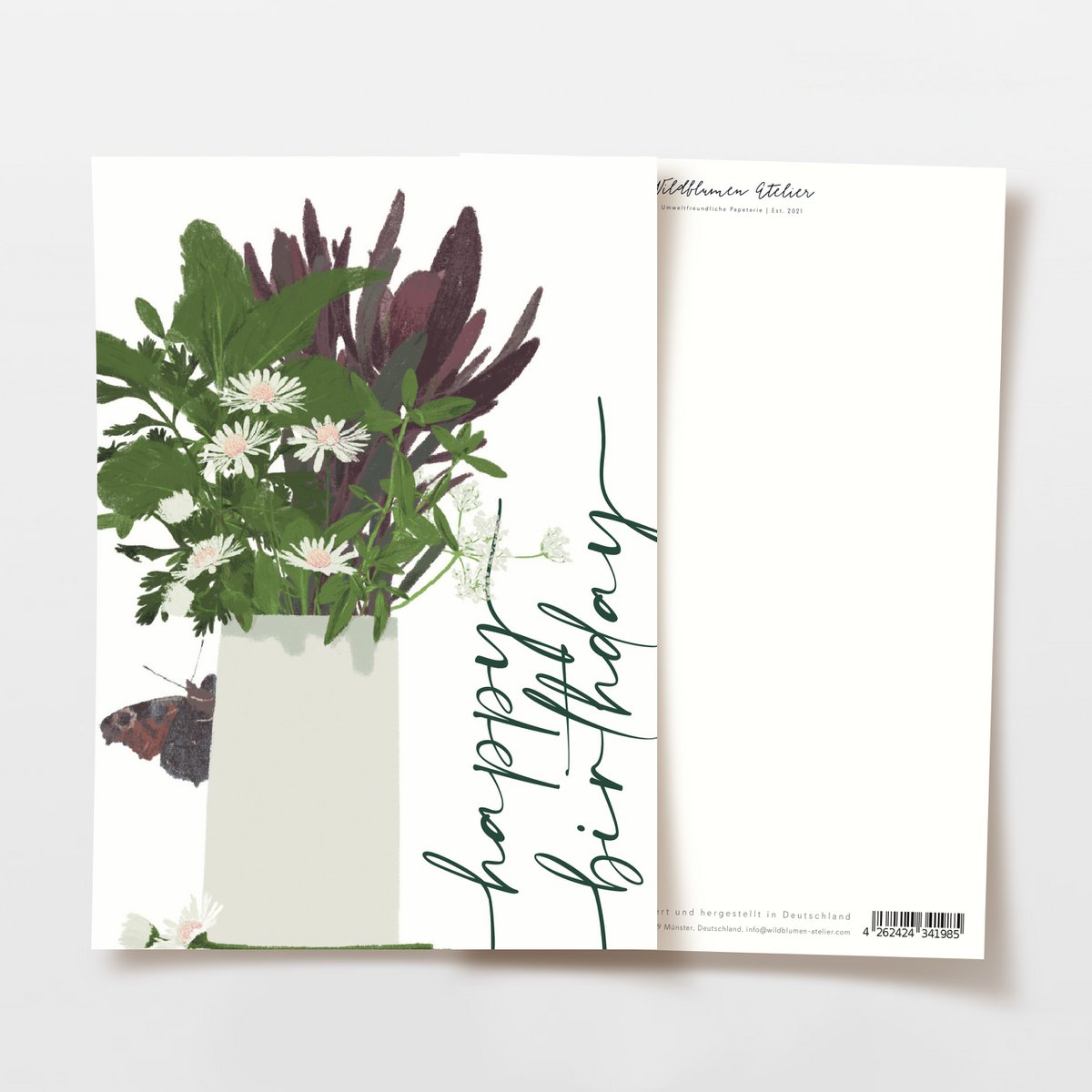 Geburtstagskarte 'happy birthday' mit Wildblumen-Vase und Schmetterling