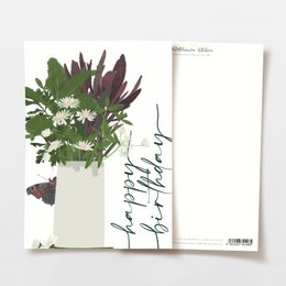 Fødselsdagskort 'tillykke med fødselsdagen' med vildblomstvase og sommerfugl
