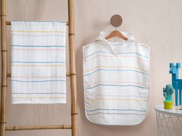 Soft, absorbent muslin kids bath towel with striped pattern in blue, yellow, and white colors.