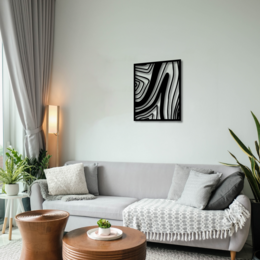 Metal wall art with abstract black and white pattern, available in multiple sizes, suitable for modern living room decor.
