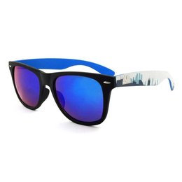 Classic retro-style sunglasses in black and blue with a skyline pattern frame and blue mirrored lenses.