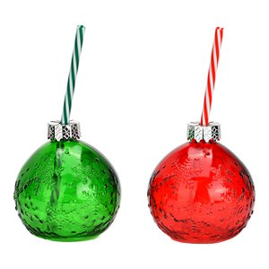 Drinkglas Kerstbal met motief en glazen rietje, 2-voudig, rood/groen 450ml