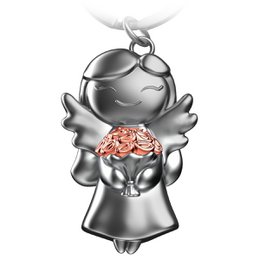 Silver-toned angel keychain with a heart-shaped charm, available in rose gold, gold, and silver finishes. Decorative floral accents.
