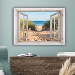 Canvas Maleri - Wall Decoration - View - Beach - Sea - Dunes - Sand - Water - Helmgras