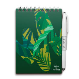 A green hardcover notebook with a safari-themed design featuring tropical leaves and foliage. The notebook has a spiral binding and includes various page layouts such as lined, dotted, and blank pages.