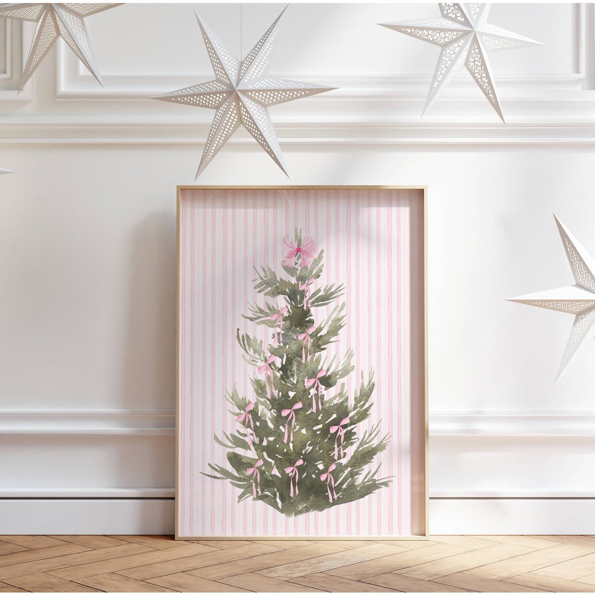 Plakat juletræ med lyserøde bånd, lyserød juleplakat, juletræplakat, lyserød buer udskrivning, lyserød juledekor