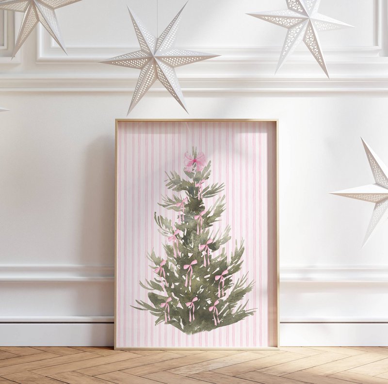 Plakat juletræ med lyserøde bånd, lyserød juleplakat, juletræplakat, lyserød buer udskrivning, lyserød juledekor