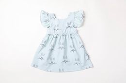 Short-sleeved dress with Malia the Rabbit print in milky green and white colors, available in sizes 3-6m to 3yrs.