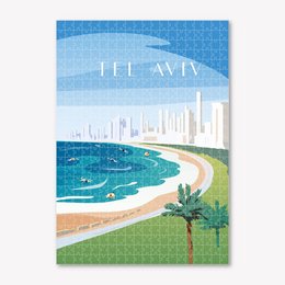 "Tel Aviv Art Puzzle - A vibrant, colorful puzzle depicting the iconic skyline and beachfront of Tel Aviv, Israel. The puzzle features a palm tree, sandy beach, and turquoise waters, capturing the essence of this vibrant coastal city."