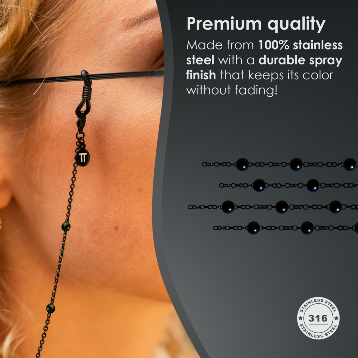 Glasses Cord Balls Black — 100% Stainless Steel & Unisex Eyewear Cords for Women and Men — Glasses Chain with Extra Loops — Brillenkoord Brillenband Brillenkette Cordon de Lunettes Cordón Para Gafas
