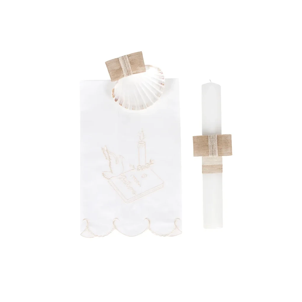 Set Battesimo con Candela decorata, Asciugamano e Conchiglia