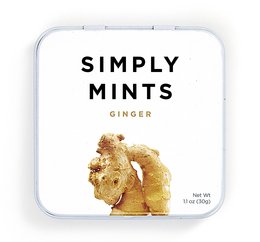 Ginger-flavored mints in a round tin container.