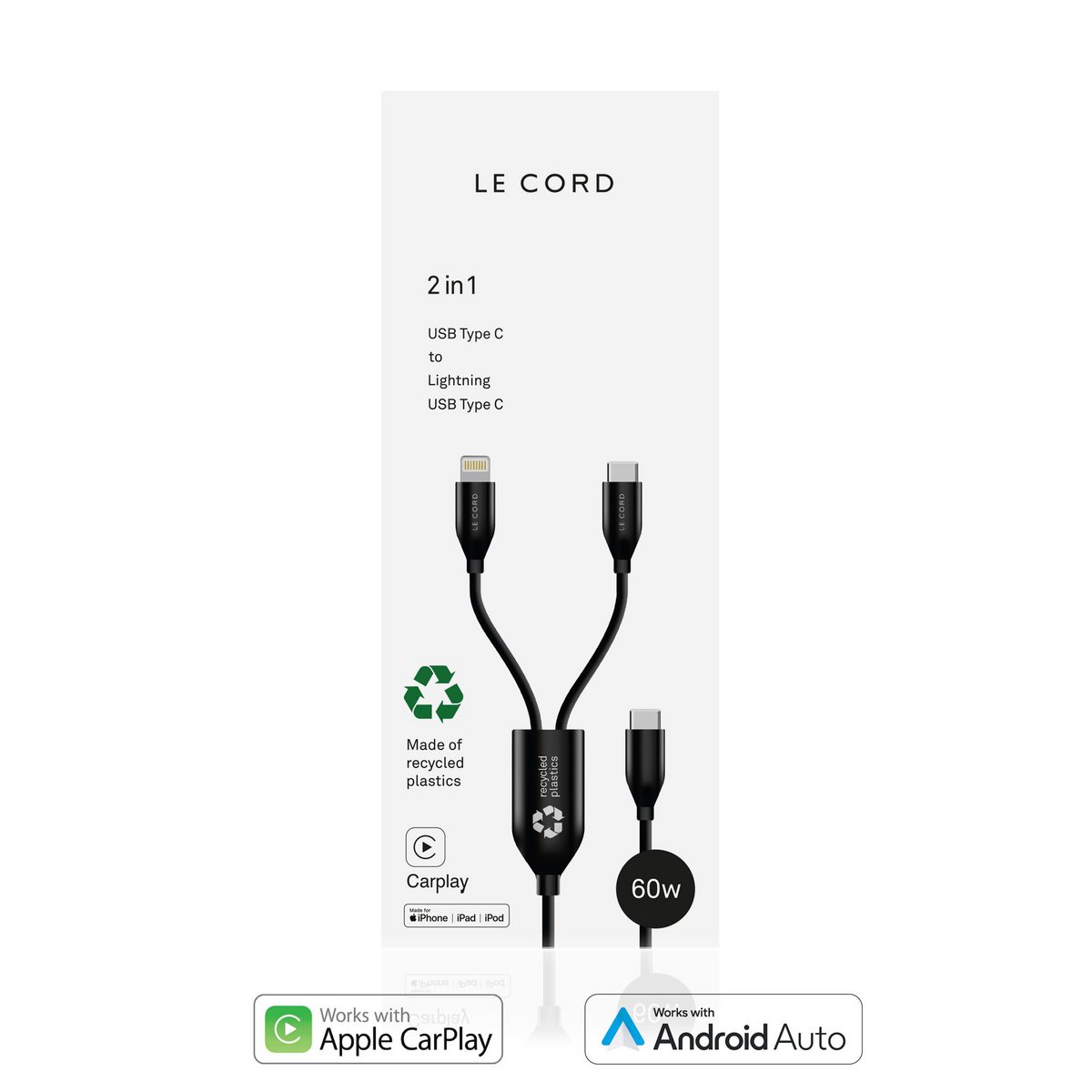 Multicable 2 en 1 USB-C · CarPlay · 60W · Plásticos reciclados