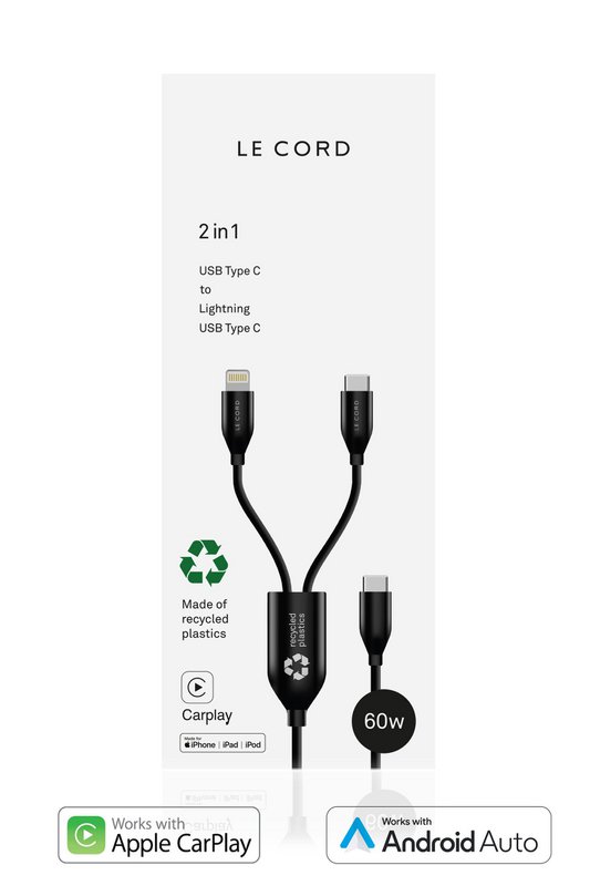 Cavo multiplo 2 in 1 USB-C · CarPlay · 60 W · Plastica riciclata