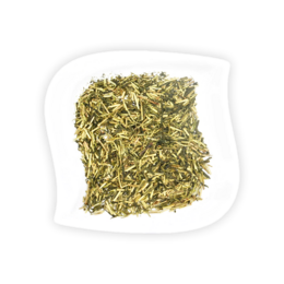 Loose leaf green tea from Japan, known as Kukicha. The tea leaves have a light green color and a delicate, slightly sweet flavor.