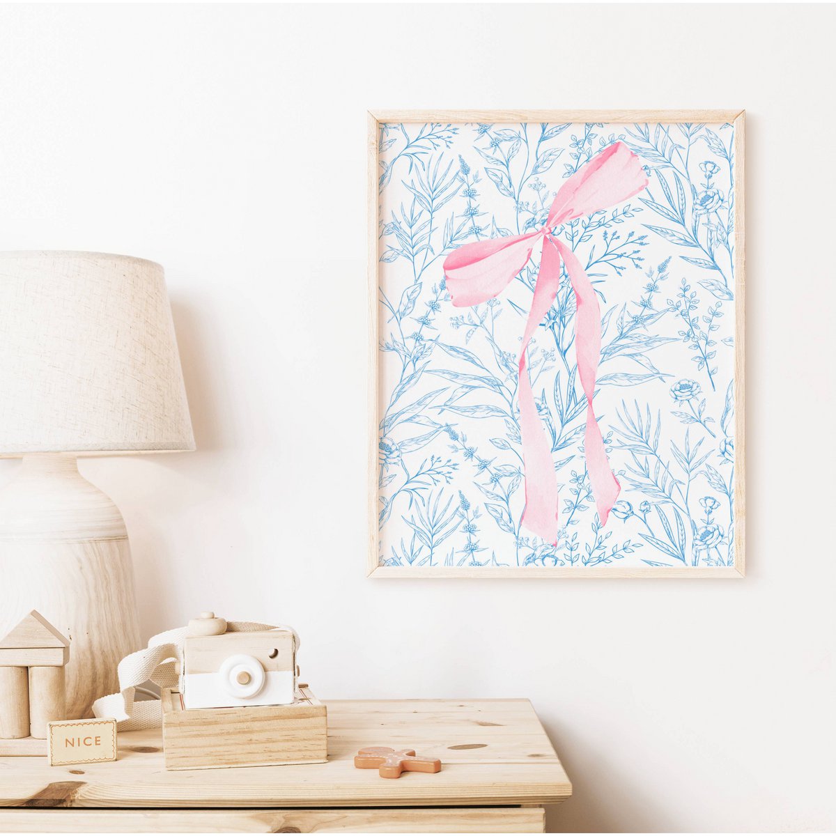 Roze en blauwe strikprint, meisjesboogposter, roze toile kunst, roze meisjeskamerposter, meisjeskwekerijposter
