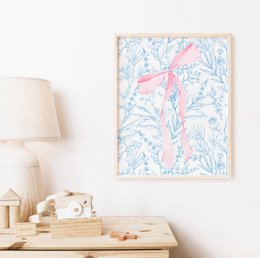 Roze en blauwe strikprint, meisjesboogposter, roze toile kunst, roze meisjeskamerposter, meisjeskwekerijposter