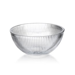 A modern, clear glass bowl with a ribbed texture, measuring 12.6x6x5.6cm and holding 350ml.