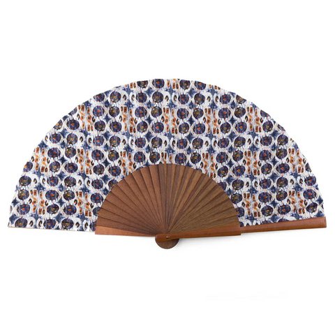 Blauwe Ikat Moon handventilatorprint