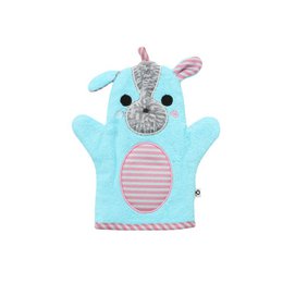 Soft, plush washcloth in the shape of a blue and pink puppy with a cute face and ears. Suitable for babies and toddlers during bath time.
