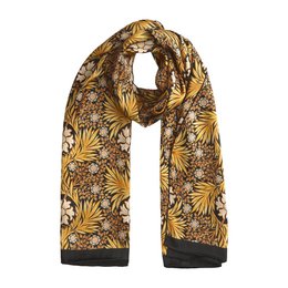 Satin silk scarf in a vibrant floral print with shades of gold, brown, and navy. The scarf features a luxurious satin texture and a rectangular shape, making it a versatile accessory for any outfit.