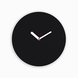 A round, minimalist wall clock with a black face and white hands. The clock has a simple, modern design that would complement a variety of home decor styles.