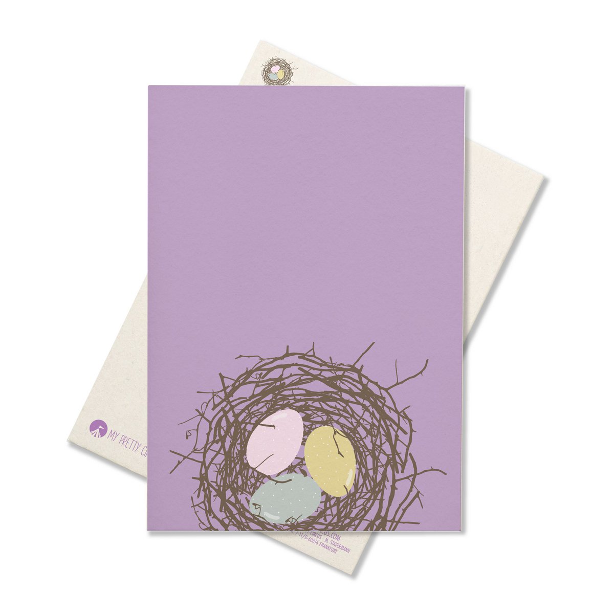Postkarte Osternest - Osterkarte schlicht: Ostereier Postkarte für Osterwünsche, Geschenkidee zu Ostern, Frohe Ostern Karte Lamm, lila Karte Frühling