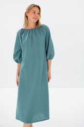 MOON — Vestido midi de lino lavado a la piedra con hombros descubiertos