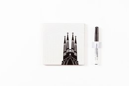Black and white illustration of the Sagrada Familia cathedral in Barcelona, Spain. Architectural artwork depicting the iconic spires and towers of this famous landmark.