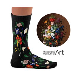 Floral still life socks with vibrant colors, intricate patterns, and a classic artistic style. The socks feature a variety of flowers including roses, tulips, and other blooms against a dark background.