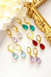 18K gold-plated teardrop hoop earrings in a variety of vibrant colors including light blue, lilac, green, red, and clear.