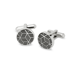 Cufflinks with a striped pattern in a circular design. Made of metal with a silver-tone finish.