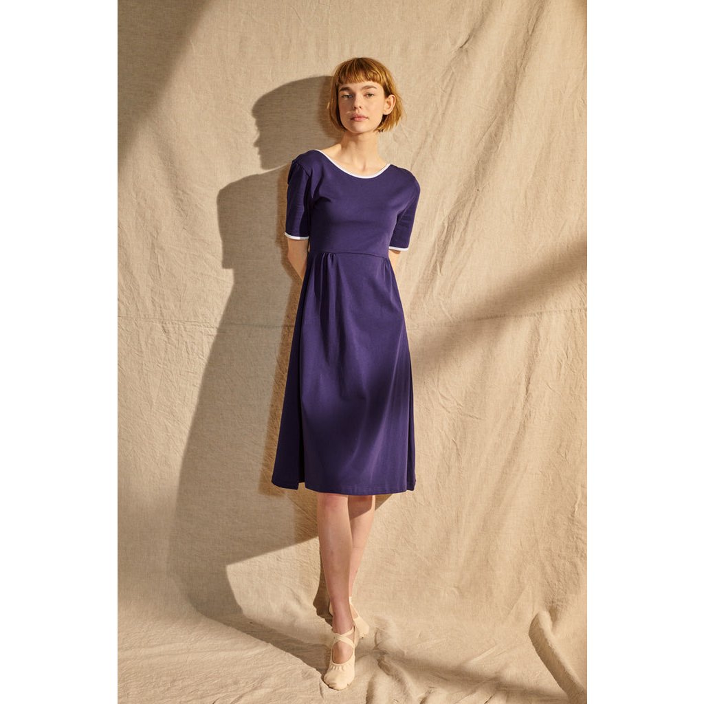 Enea jurk in violetblauw met witte bies voor dames