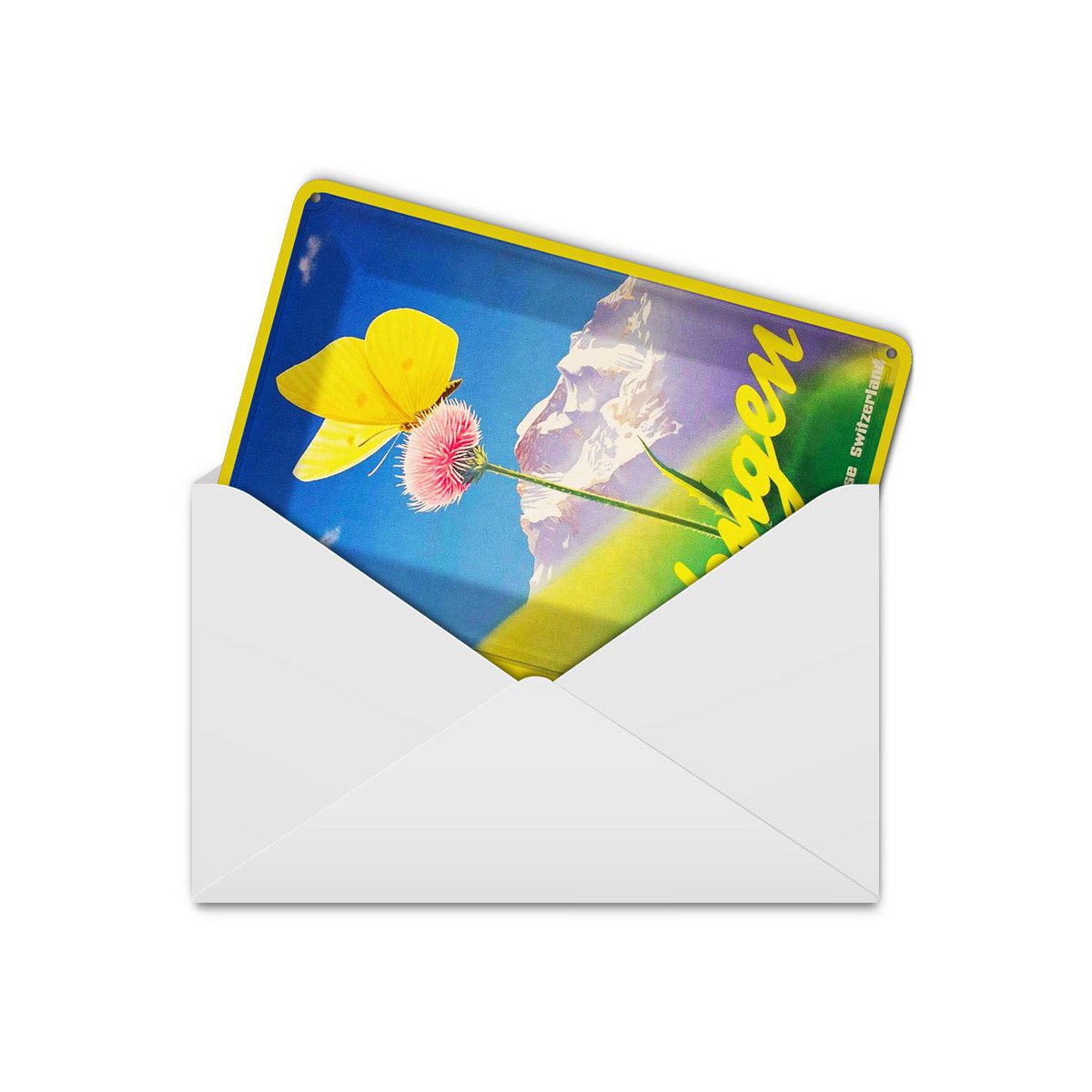 Cartolina da viaggio in latta 10x14 cm Wengen Svizzera fiore con farfalla insegna decorativa