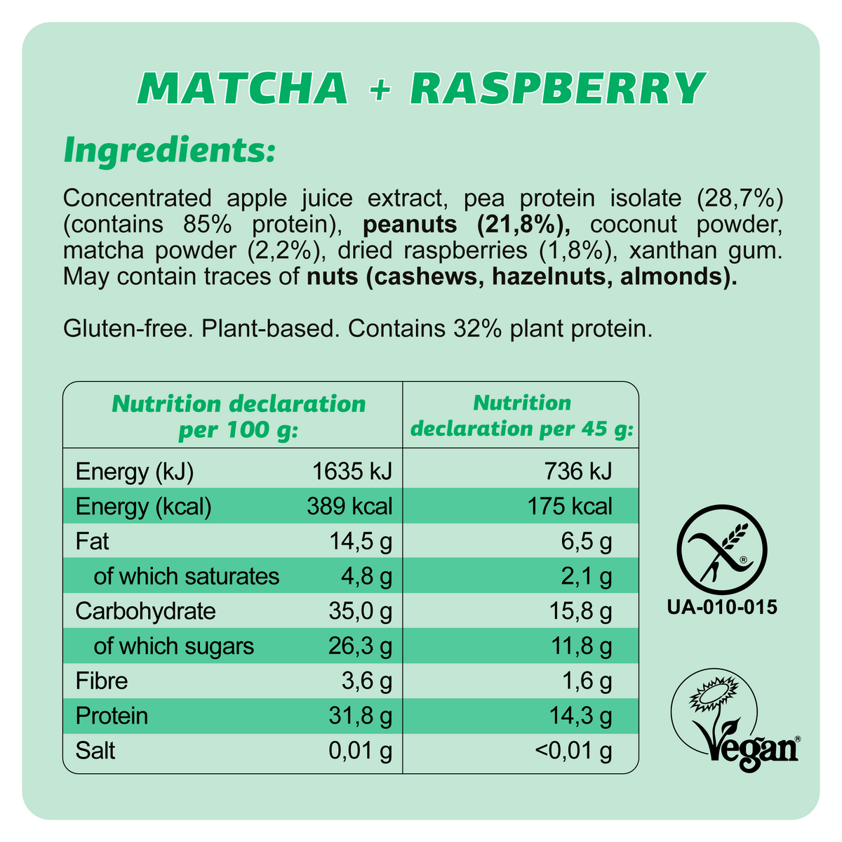 Vegan Gluten Free Protein Bar "Matcha + Raspberry" 45G