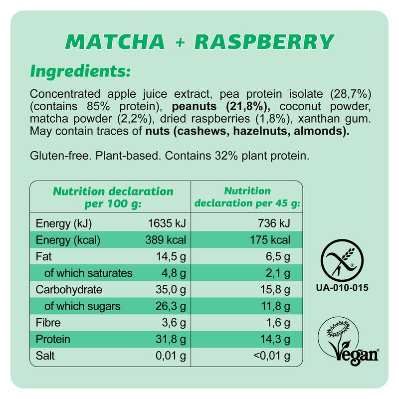Vegansk glutenfri proteinbar "Matcha + Raspberry" 45G