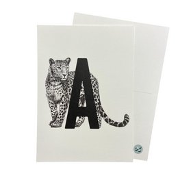 A greeting card featuring the letter "A" with a leopard print design. The card is suitable for various occasions and can be used for decorative purposes or as a unique gift.