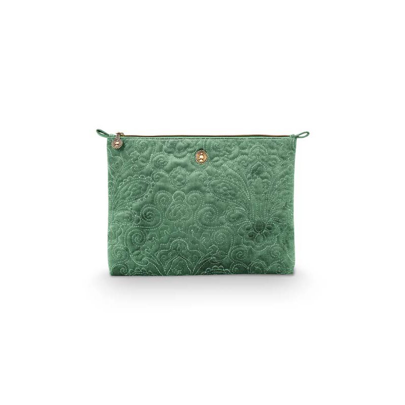 Cosmetic Flat Pouch Large Velvet Quilted Green 30x22x1cm