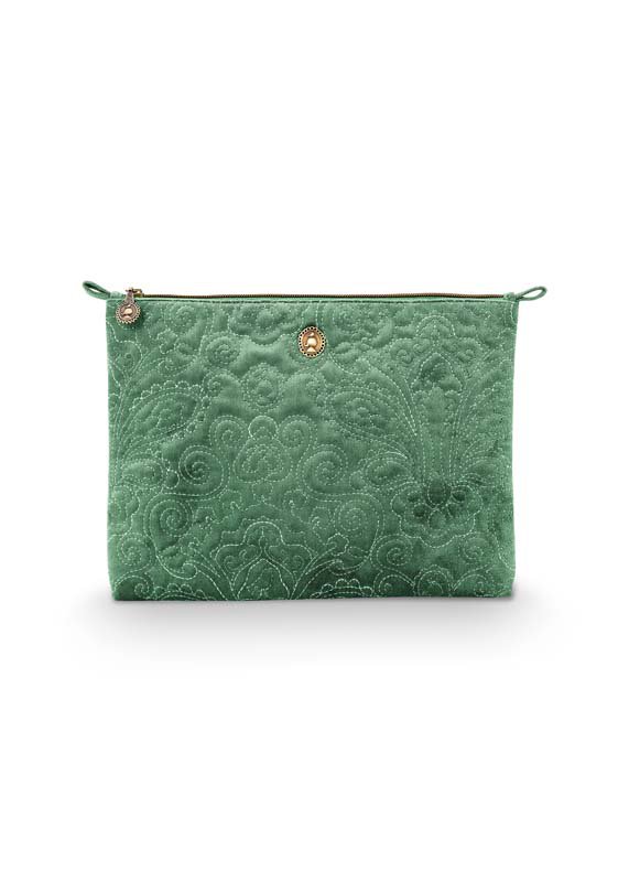 Cosmetic Flat Pouch Large Velvet Quilted Green 30x22x1cm