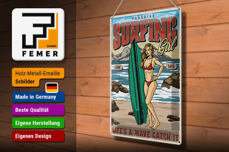Blechschild Pinup 30x40cm Surfing Girl Paradise Sommer