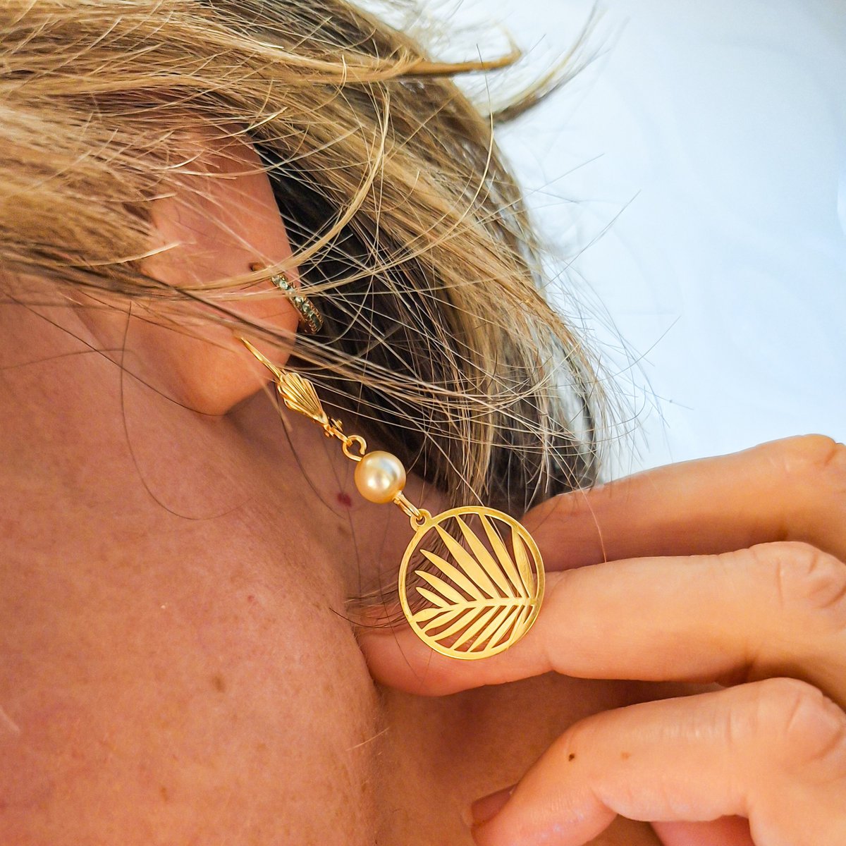 Swarovski pearl curls Tapillon Creoles Palm Flower Palm Flower Golden Brass 24K Mother's Day Gift Mother Gift