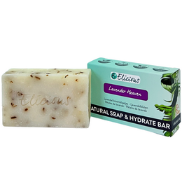 Handmade natural soap with lavender scent, rectangular shape, and white color with visible lavender buds.