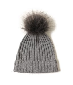 Gerippte Mütze aus Kaschmir mit Öko-PomPom Mont Blanc Grey