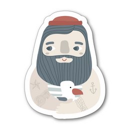Wooden magnet M8006, a round, wooden magnet with a bearded sailor design.