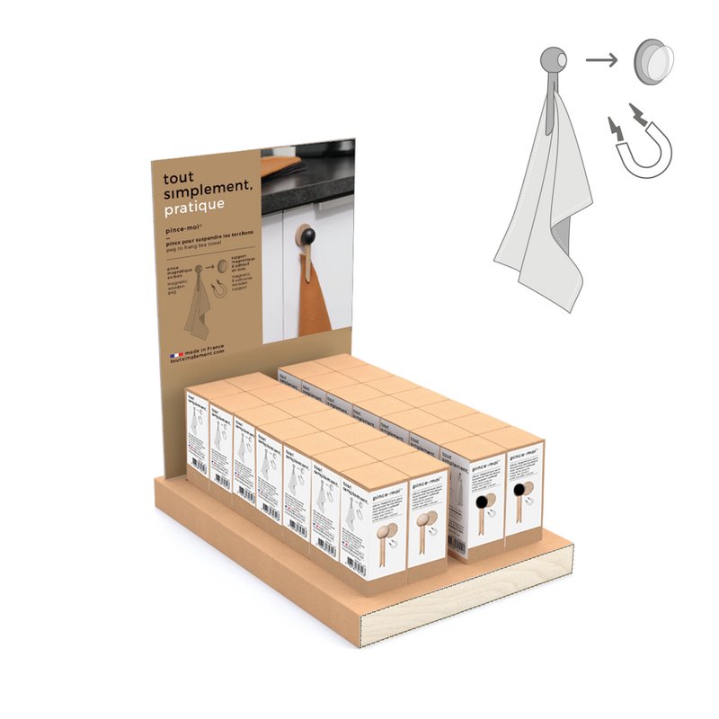 Expositor completo de 48 cajas de 1 clip magnético de madera para colgar paños de cocina - natural y negro + expositor gratis