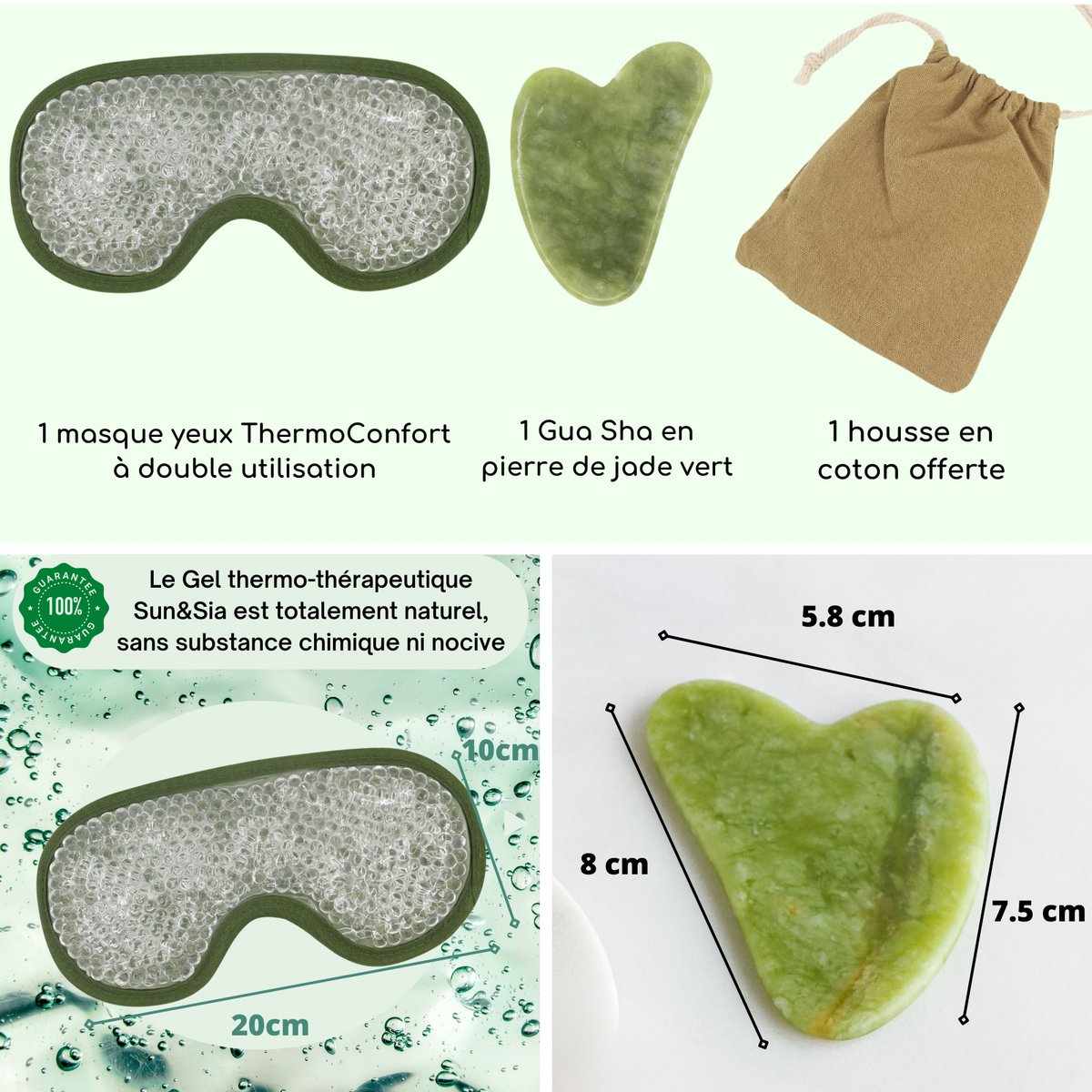 Zestaw i maska ​​na oczy z zielonego jadeitu Gua Sha - Termoterapia - Niezbędne akcesoria kosmetyczne - Kamień naturalny - Narzędzie do podnoszenia