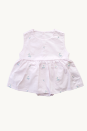 A white romper with a ruffled skirt and sleeveless design, suitable for a baby girl aged 1-3 months, 3-6 months, 6-9 months, 9-12 months, or 12-18 months.