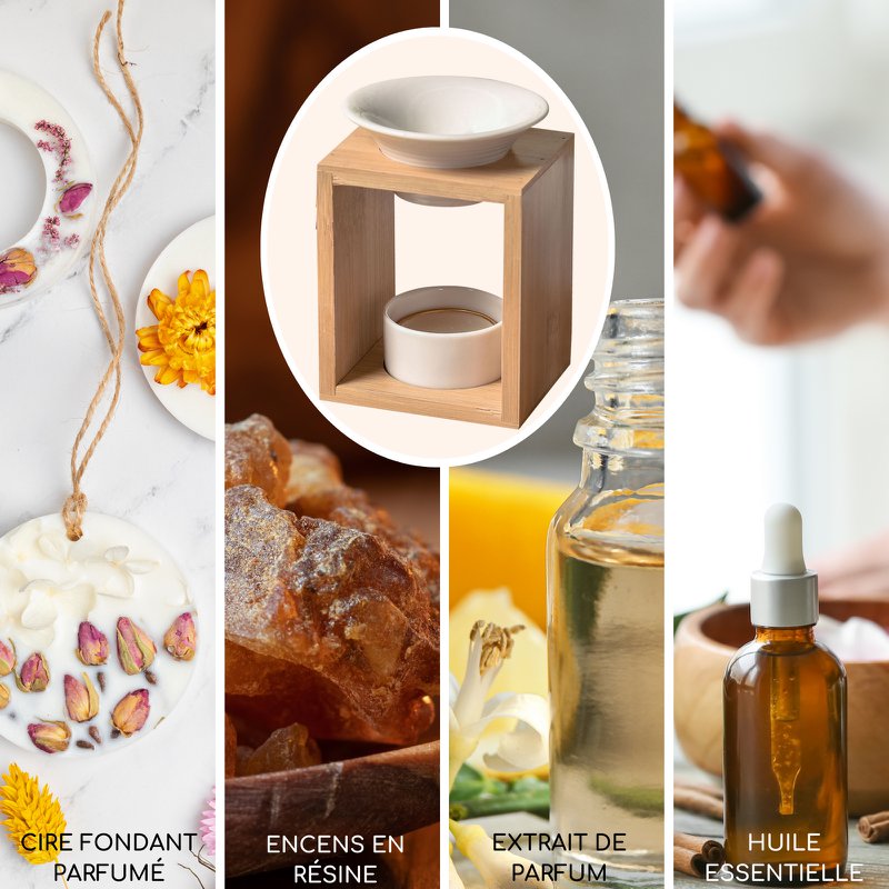 Quemador de perfume Serie Naturea - Arina - Quemador de cera perfumada - Difusor de aceites esenciales y fragancias para el hogar - Portavelas de aromaterapia de bambú y cerámica